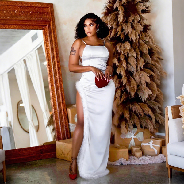 Sexy Backless Feather Edge Maxi Dress CYA-901845