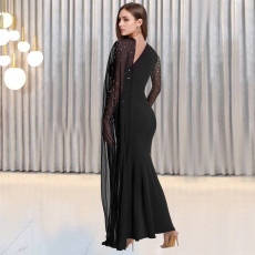 Mesh Hot Drill Slim Maxi Dress BY-7397
