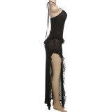 Solid Color Halterneck Tie Up Split Maxi Dress GSLF-K24D64466