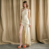Solid Color Halterneck Tie Up Split Maxi Dress GSLF-K24D64466