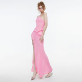 Solid Color Halterneck Tie Up Split Maxi Dress GSLF-K24D64466