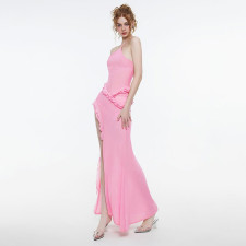 Solid Color Halterneck Tie Up Split Maxi Dress GSLF-K24D64466