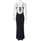 Solid Color Hot Drill Sling Maxi Dress GNZD-041714DBG