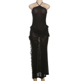 Solid Color Halterneck Tie Up Split Maxi Dress GSLF-K24D64466