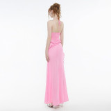 Solid Color Halterneck Tie Up Split Maxi Dress GSLF-K24D64466