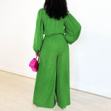 Lantern Sleeve Solid Tie Up Wide Leg Jumpsuit YF-20051