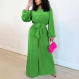 Lantern Sleeve Solid Tie Up Wide Leg Jumpsuit YF-20051