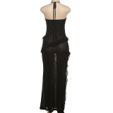 Solid Color Halterneck Tie Up Split Maxi Dress GSLF-K24D64466