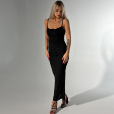 Solid Color Hot Drill Sling Maxi Dress GNZD-041714DBG