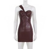 Hollow Out Single Shoulder PU Leather Mini Dress GLRF-WFD38583