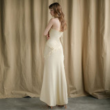 Solid Color Halterneck Tie Up Split Maxi Dress GSLF-K24D64466