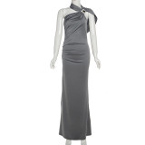 Halterneck Slash Shoulder Slim Maxi Dress GSLF-K25D66590