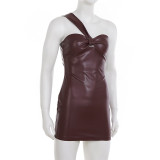 Hollow Out Single Shoulder PU Leather Mini Dress GLRF-WFD38583