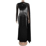 Mesh Hot Drill Slim Maxi Dress BY-7397