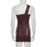 Hollow Out Single Shoulder PU Leather Mini Dress GLRF-WFD38583
