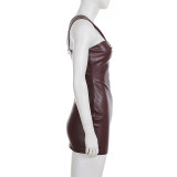 Hollow Out Single Shoulder PU Leather Mini Dress GLRF-WFD38583