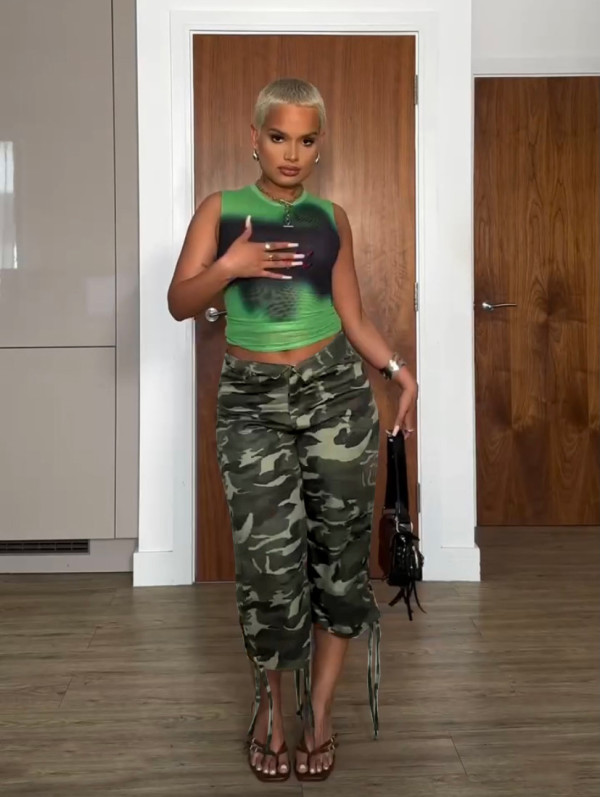 Camouflage Print Drawstring Straight Pants QOUY-6043