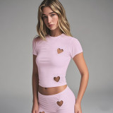 Love Hollow Out Solid Color Two Piece Shorts Set GSLF-K25S69015