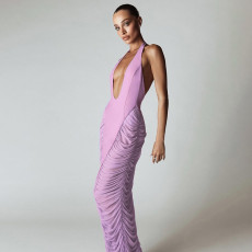 Deep V Neck Halterneck Mesh Pleated Maxi Dress GSLF-K25D70984