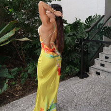 Contrast Color Print Sling Maxi Dress GSLF-K25D68064