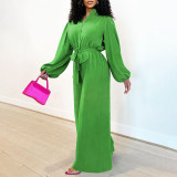 Lantern Sleeve Solid Tie Up Wide Leg Jumpsuit YF-20051