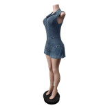 Sleeveless Zipper Denim Lantern Romper MEM-88652