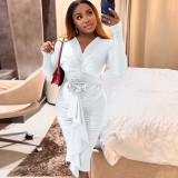 Long Sleeve V Neck Pleated Midi Dress HNIF-3211