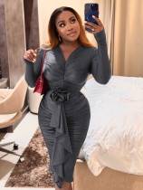 Long Sleeve V Neck Pleated Midi Dress HNIF-3211