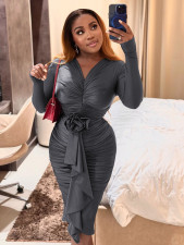 Long Sleeve V Neck Pleated Midi Dress HNIF-3211