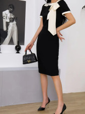 Bow Tie Color Block Patchwork Midi Dress GRNH-28808