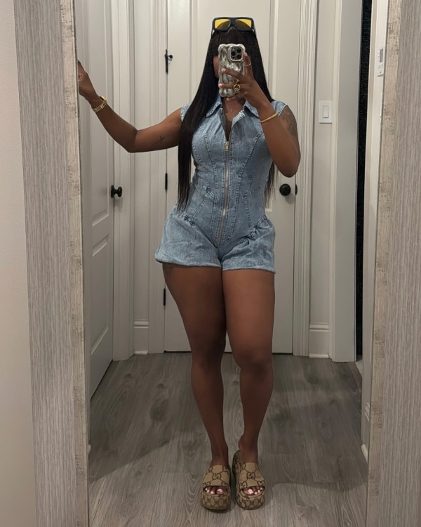 Sleeveless Zipper Denim Lantern Romper MEM-88652