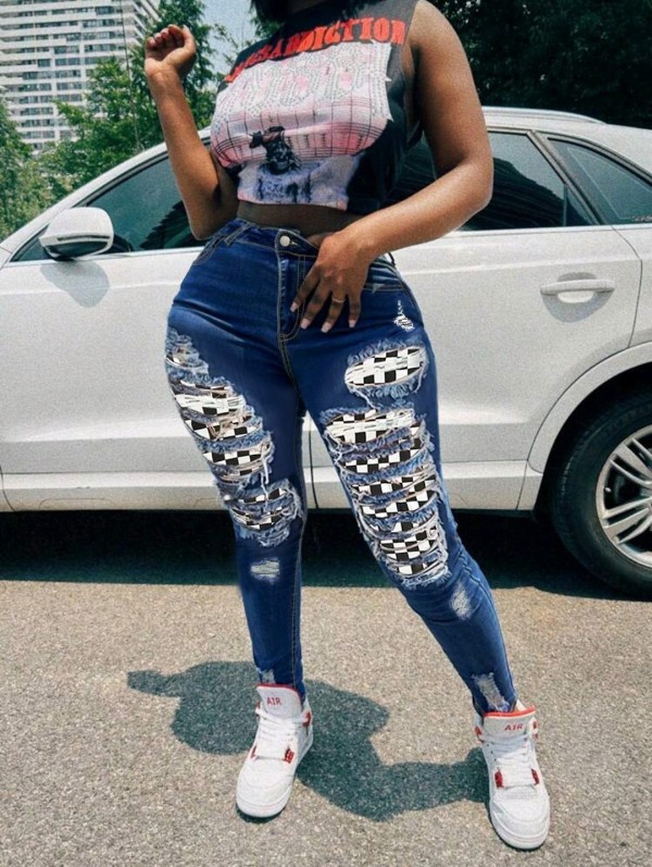 Fashion Patchwork Holes Pencil Jeans GXJF-240124