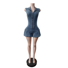 Sleeveless Zipper Denim Lantern Romper MEM-88652