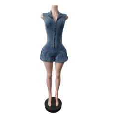 Sleeveless Zipper Denim Lantern Romper MEM-88652