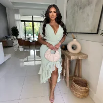 Deep V Neck Irregular Tie Up Midi Dress CYA-901879