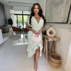 Deep V Neck Irregular Tie Up Midi Dress CYA-901879