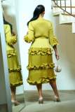 Pleated Bubble Sleeve Solid Color Midi Dress GZRF-KH-0009