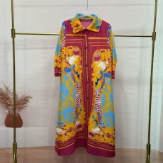 Loose Lapel Vintage Print Long Dress GZRF-KH-0092