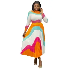 Contrast Color Print Long Sleeve Two Piece Skirts Set GZRF-KH-0021