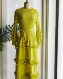 Pleated Bubble Sleeve Solid Color Midi Dress GZRF-KH-0009