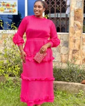 Pleated Bubble Sleeve Solid Color Midi Dress GZRF-KH-0009