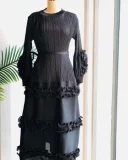 Pleated Bubble Sleeve Solid Color Midi Dress GZRF-KH-0009