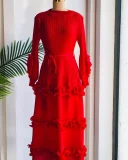 Pleated Bubble Sleeve Solid Color Midi Dress GZRF-KH-0009