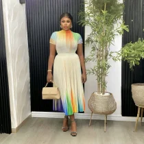 Rainbow Printed Short Sleeve Loose Half Skirt Suit GZRF-KH-0085