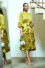 Pleated Bubble Sleeve Solid Color Midi Dress GZRF-KH-0009