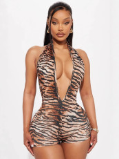 Leopard Print Backless Halterneck Romper YWXS-K25L621