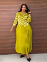 Long Sleeve Print Pleated Maxi Dress GZRF-A227