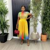 Rainbow Printed Short Sleeve Loose Half Skirt Suit GZRF-KH-0085