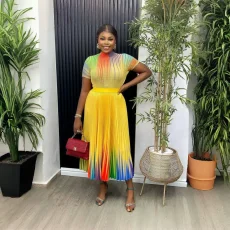 Rainbow Printed Short Sleeve Loose Half Skirt Suit GZRF-KH-0085