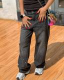 Washed Gradient Color Rhinestone Straight Jeans GQLF-67353